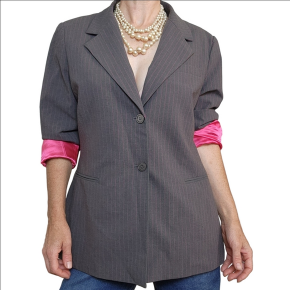 Blazer Gray with Pink pinstripes Pink Lining Collared Pockets MICHEAL KORES - Picture 7 of 14